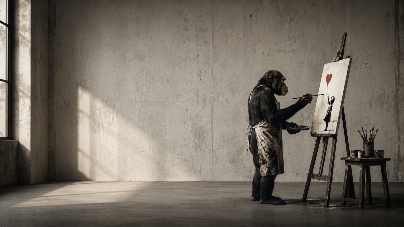 A chimpanzee at an easel painting Banksy's Girl with Balloon