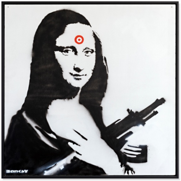 Mona Lisa with AK47, 2000 · Spray-paint stencil on board, 122×122 cm (48×48 inches)