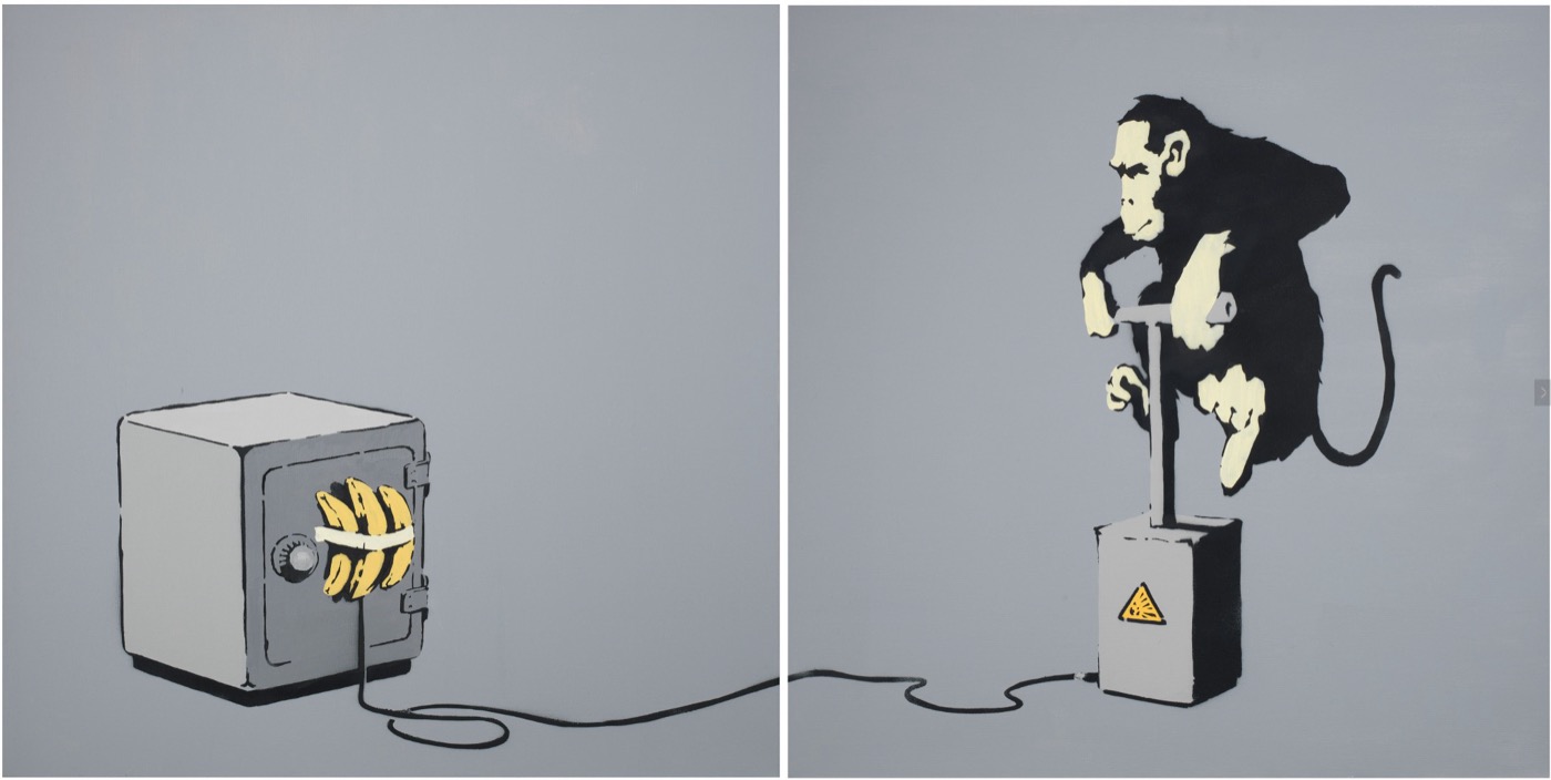 BANKSY · Monkey Detonator (Diptych), 2002 · Stencil spray-paint and emulsion on canvas · Each 76×76 cm (30×30 inches)