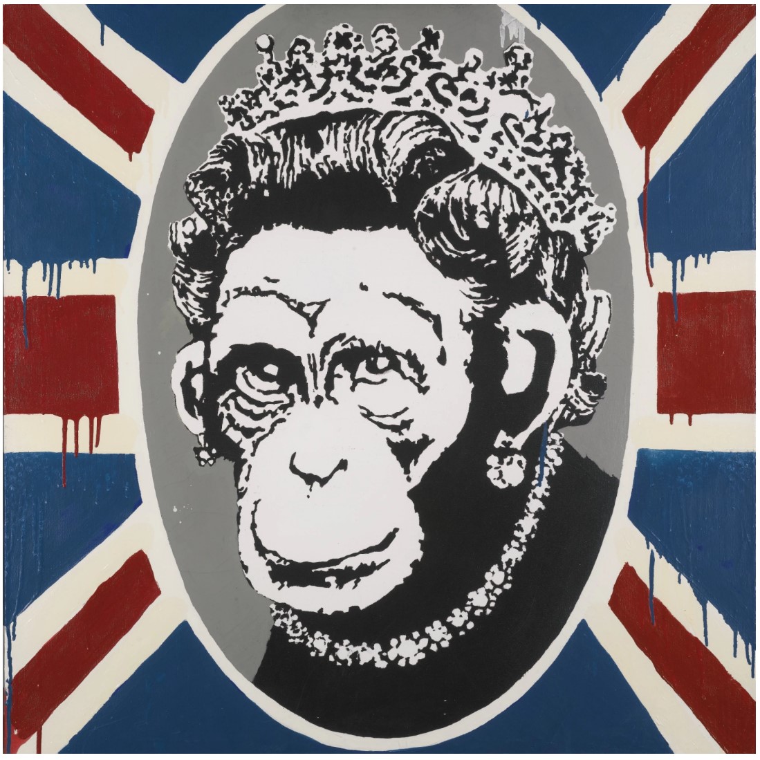 BANKSY · Monkey Queen, 2003 · Oil and emulsion on canvas · 92×92 cm (36 1/4 x 36 1/4 inches)