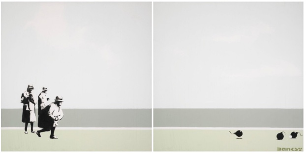 Bomb Middle England (diptych), 2002 · Acrylic and spray-paint stencil on canvas, in two parts · Each 92.5×92.5×6 cm (31 1/2 x 31 1/2 x 2 3/8 inches)