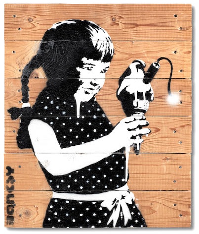 Girl Holding Ice Cream Bomb, 2004 · Stencil spray-paint on wooden palette · 60.5×48.5cm (23 13/16 x 19 1/8 inches)