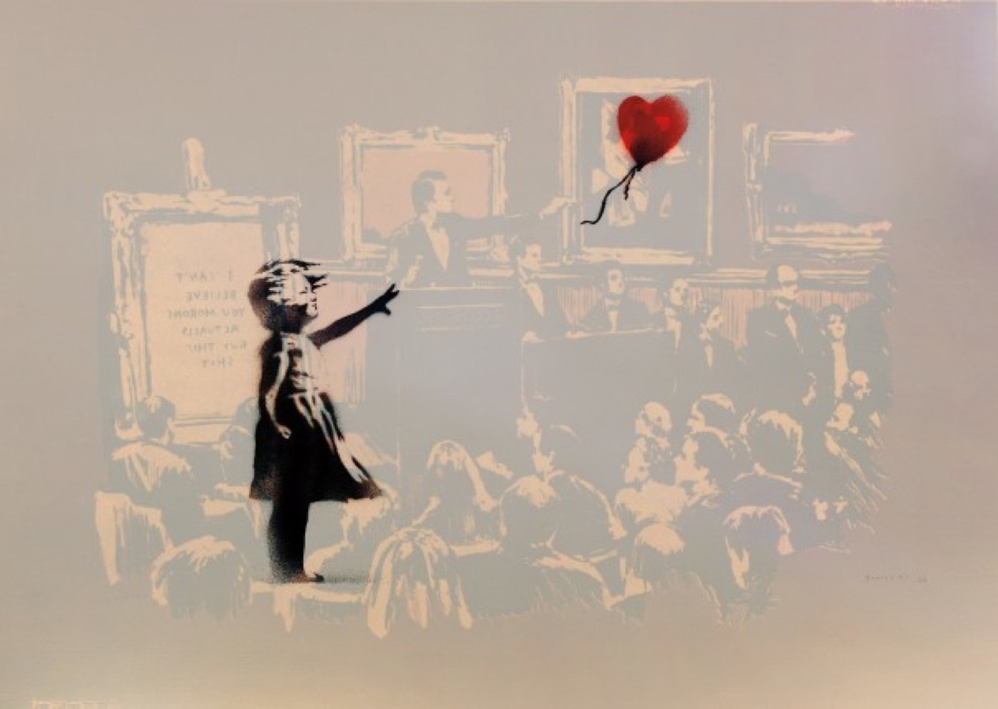 Girl with Balloon and Morons Sepia, 2007 · Girl with Balloon: spray-paint on paper / Morons Sepia: screen-print on paper, double-sided · 56.5 x 76 cm (22 1/4 x 29 7/8 inches) · Edition: 8