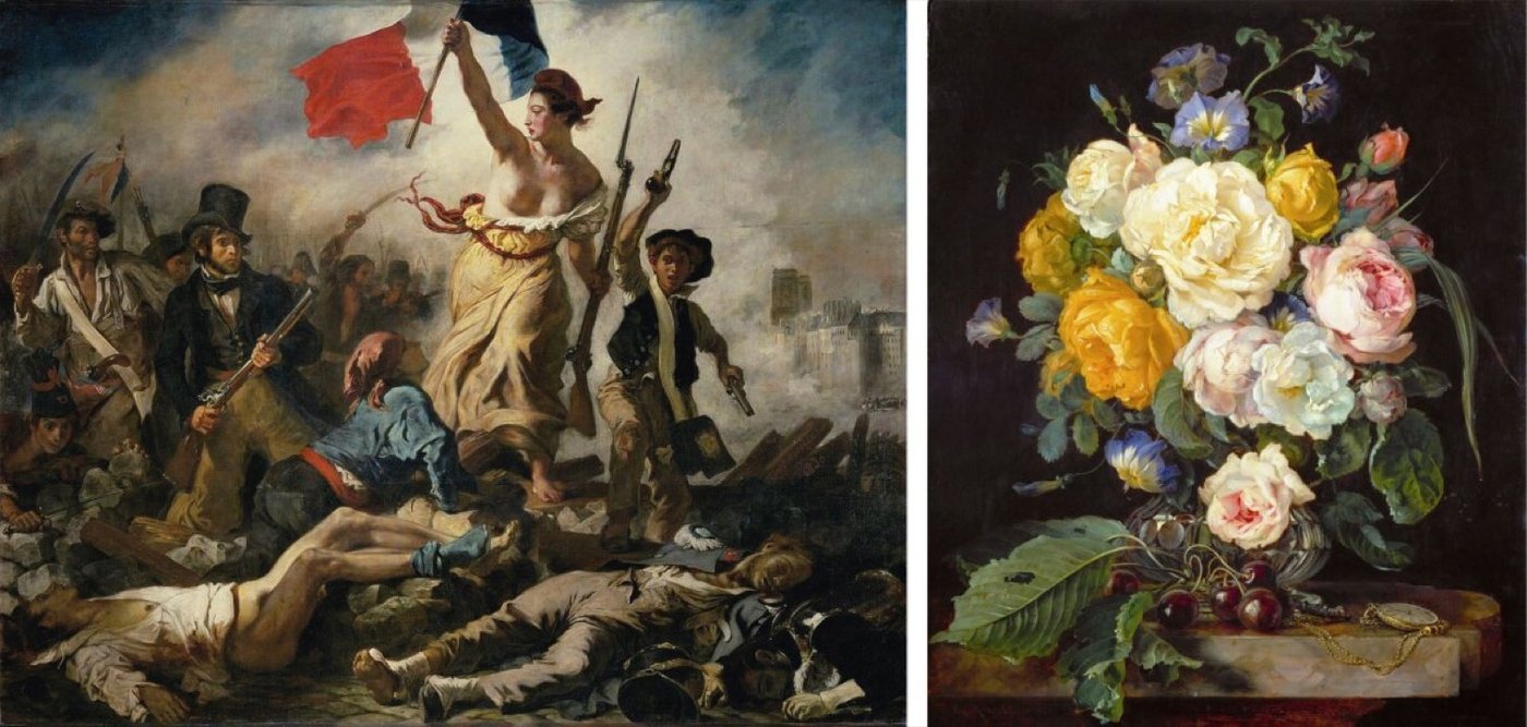 EUGENE DELACROIX, LIBERTY LEADING THE PEOPLE, 1830, LOUVRE MUSEUM, PARIS JAN DAVIDSZ DE HEEM, STILL LIFE WITH PEONIES, CHERRIES AND A POCKET WATCH, 1655-65 IMAGE © FINE ART IMAGES / BRIDGEMAN IMAGES