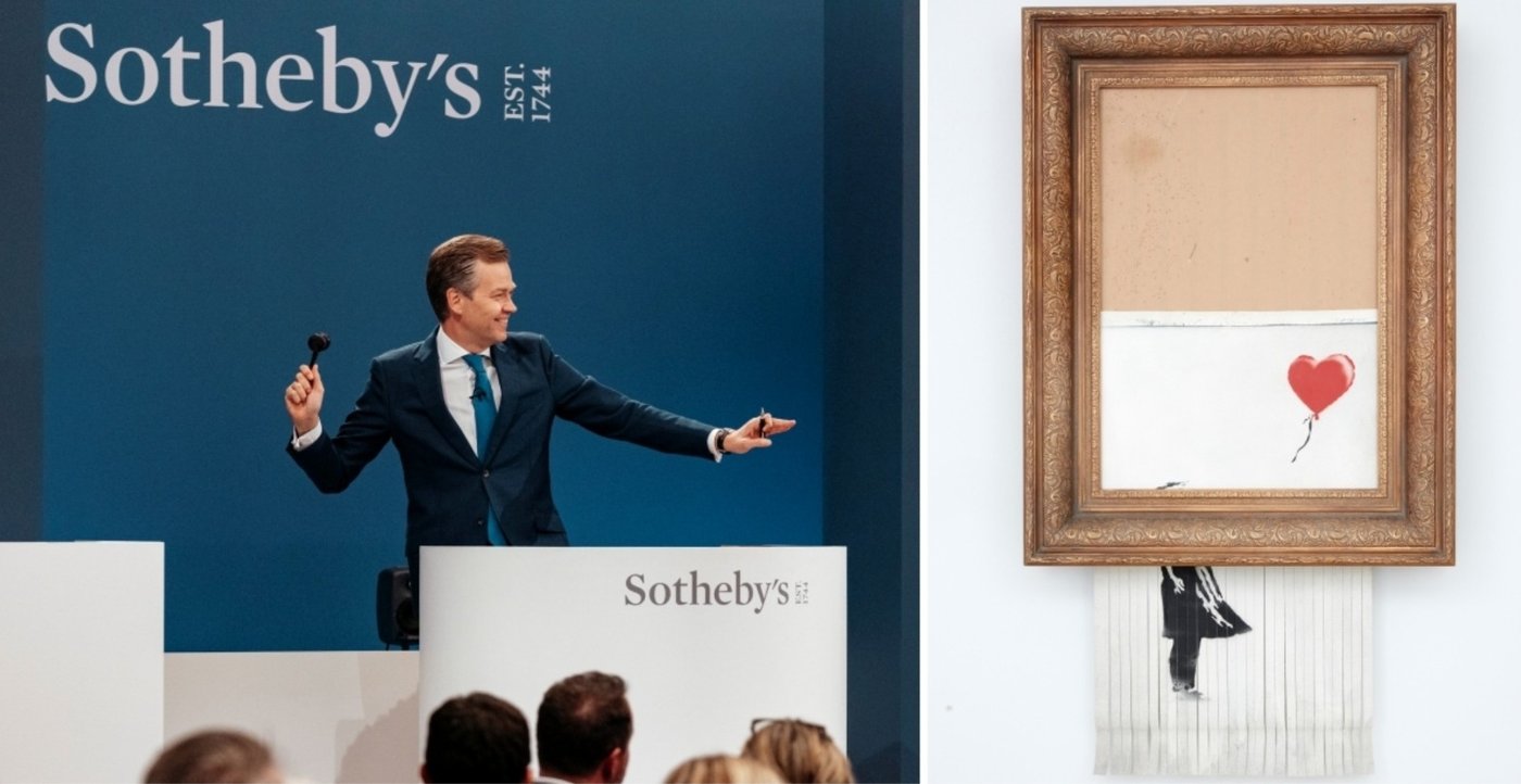 A Sotheby's auctioneer and Banksy's shredded Love is in the Bin in its frame
