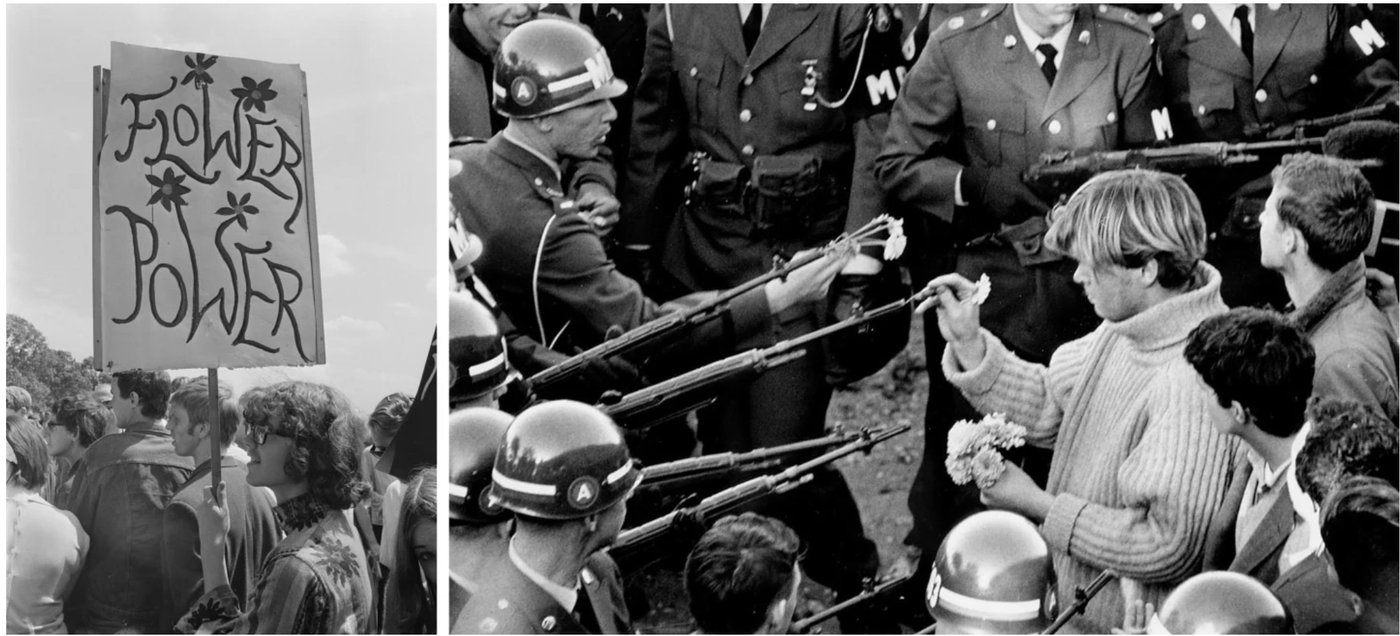 Left: Demonstrators march in support for the legalization of drugs, Hyde Park, London, 1967 (Photo by Stanley Sherman / Express / Hulton Archive / Getty Images). Right: ,[object Object], photograph by Bernie Boston, “March on The Pentagon”, 21 October 1967.