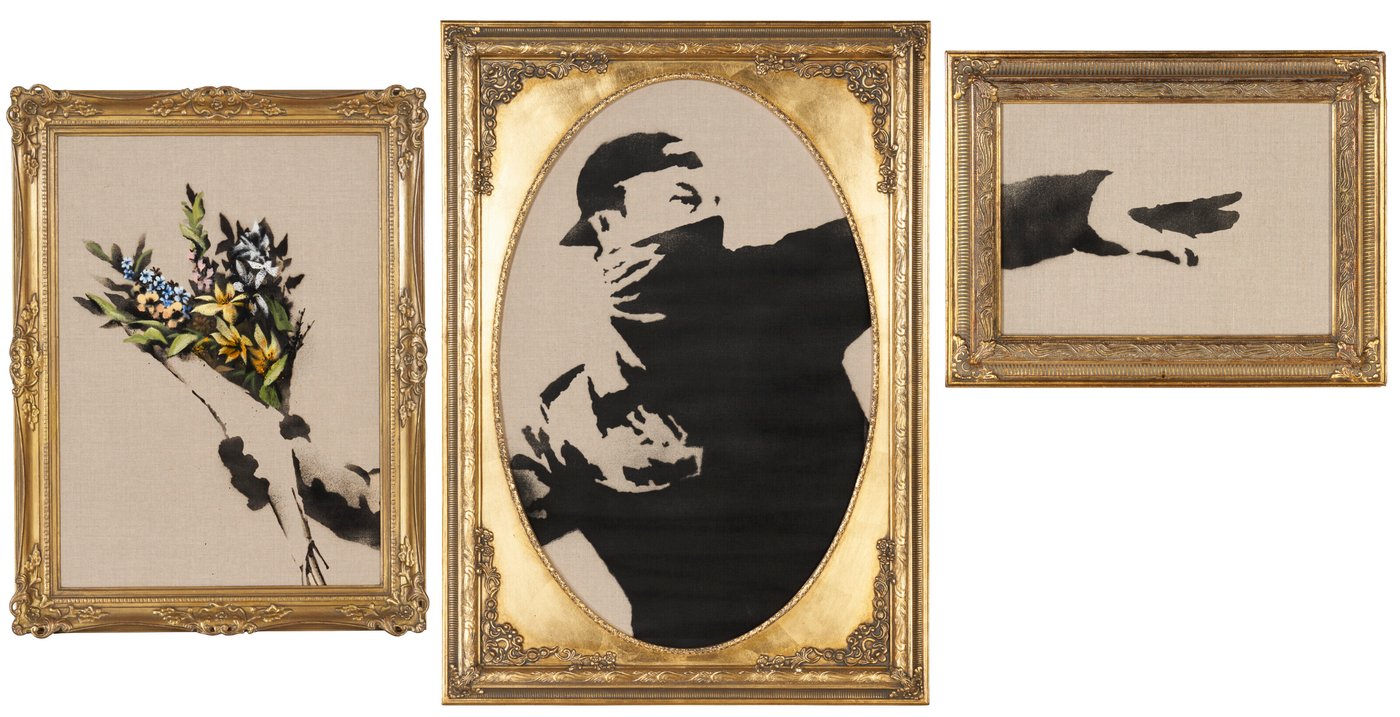 Flower Thrower Triptych, 2017 — Spray on canvas, 3 parts, overall 106.7×203.2 cm. Collection of Sir Elton John