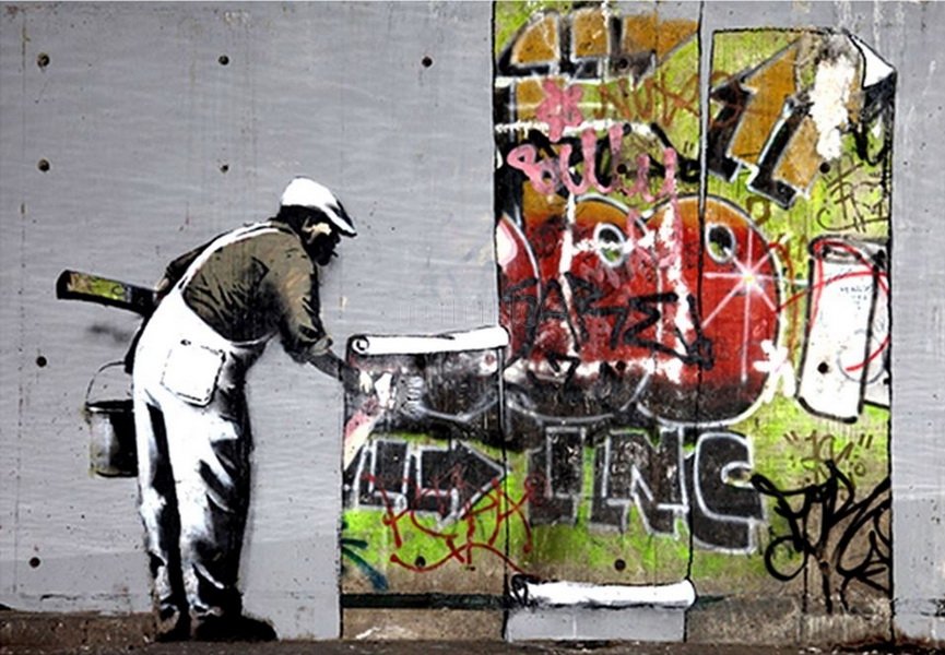Banksy, Wall Paper Hanging (Banksy vs King Robbo) mural