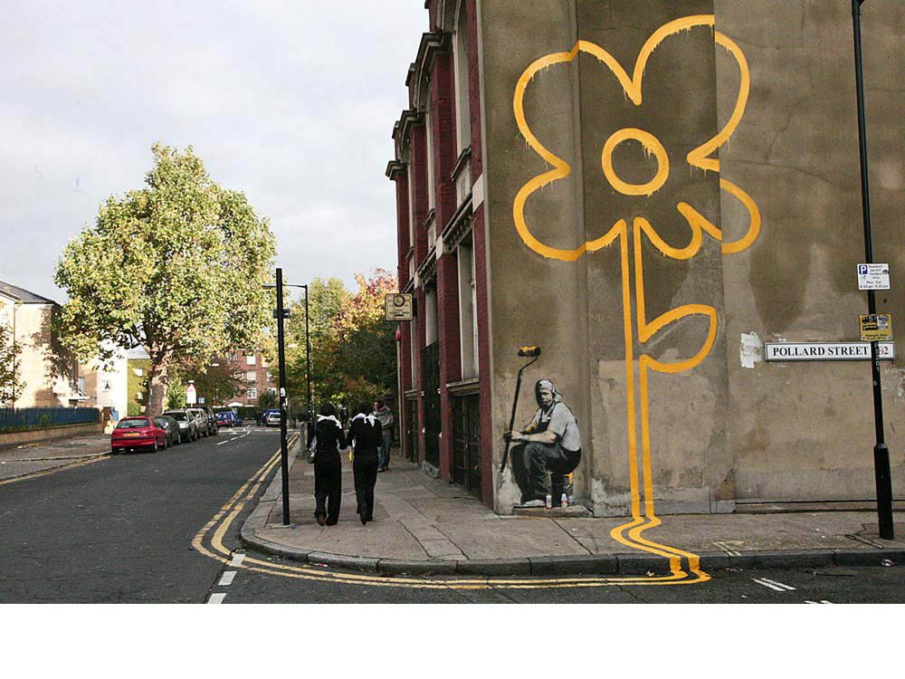 Banksy, Yellow Line Flower Painter mural
