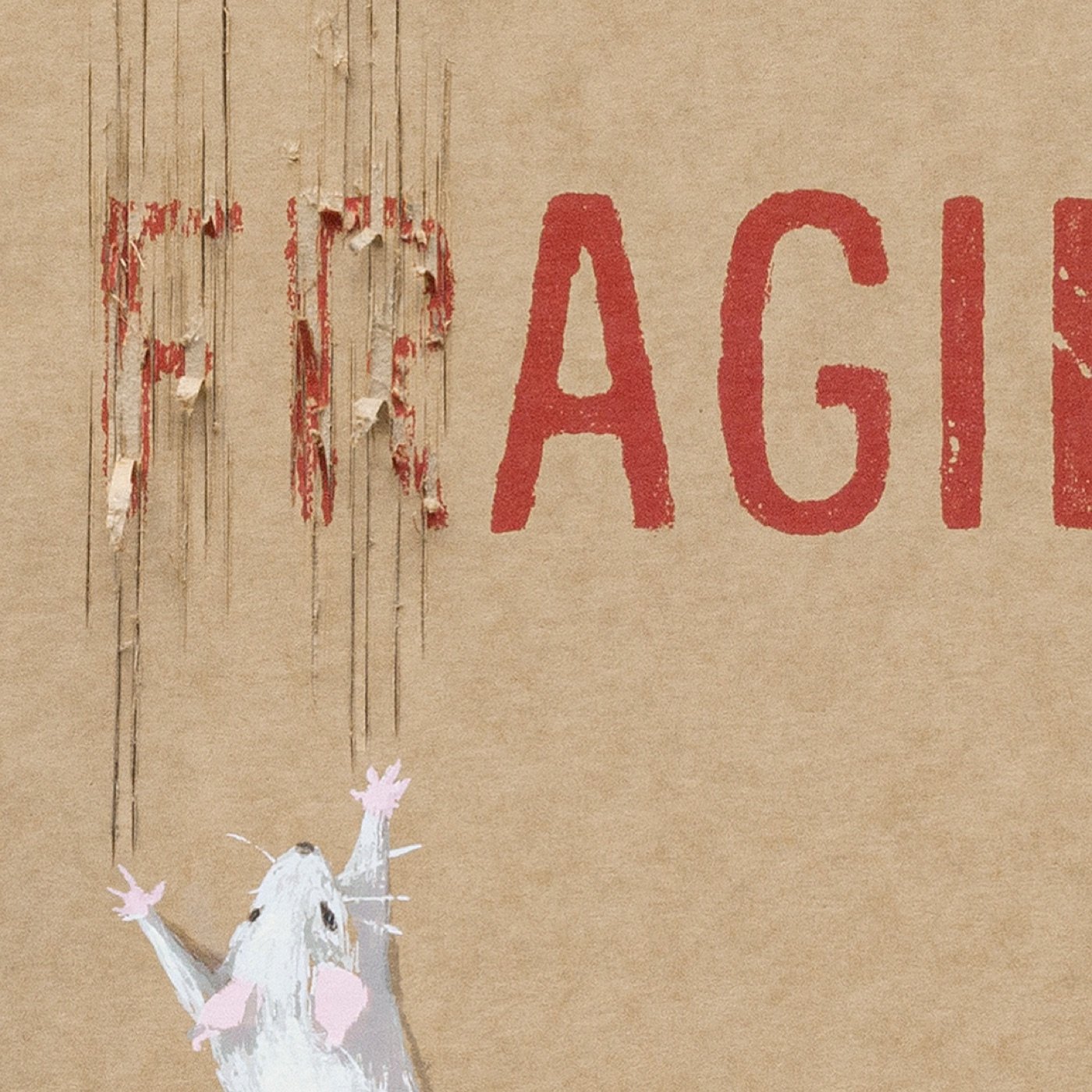 Detail: the scratch marks that turn FRAGILE into AGILE, different on every print of the edition.