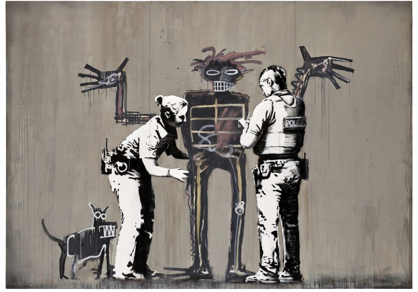 Banksy, Banksquiat. Boy and Dog in Stop and Search, 2018. Acrylic and wax marker on birch wood, in 3 parts, 243.8 × 344.5 cm. Signed “Banksy” lower right.