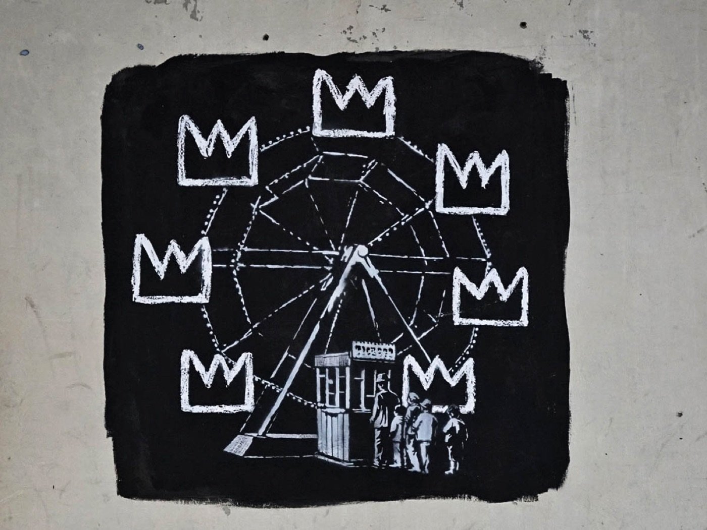 The Banksquiat image: Basquiat's crowns orbiting a fairground wheel, with a small queue waiting at the ticket booth.