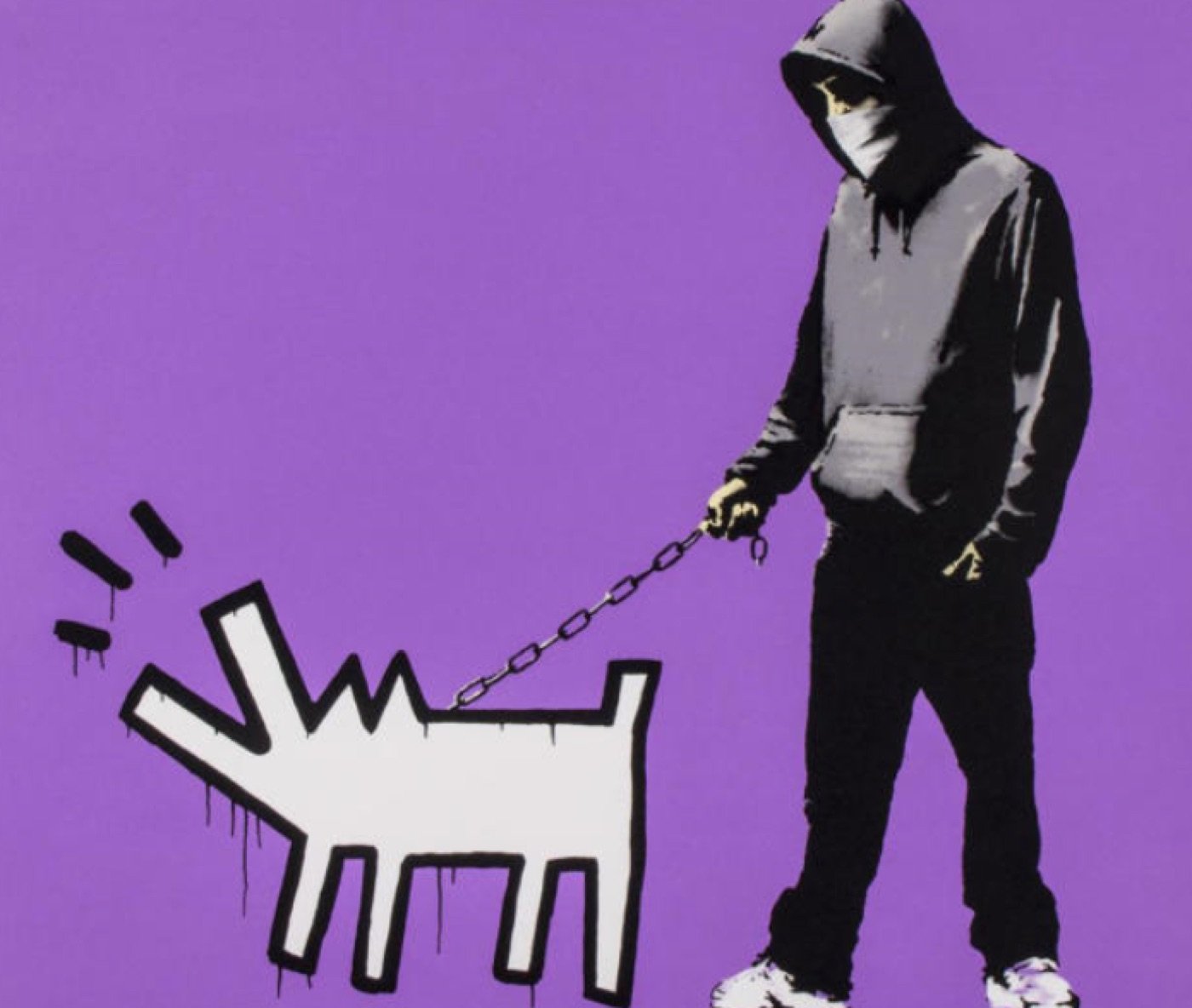 Detail of one of the colorways — the figure and the Haring dog at full size.