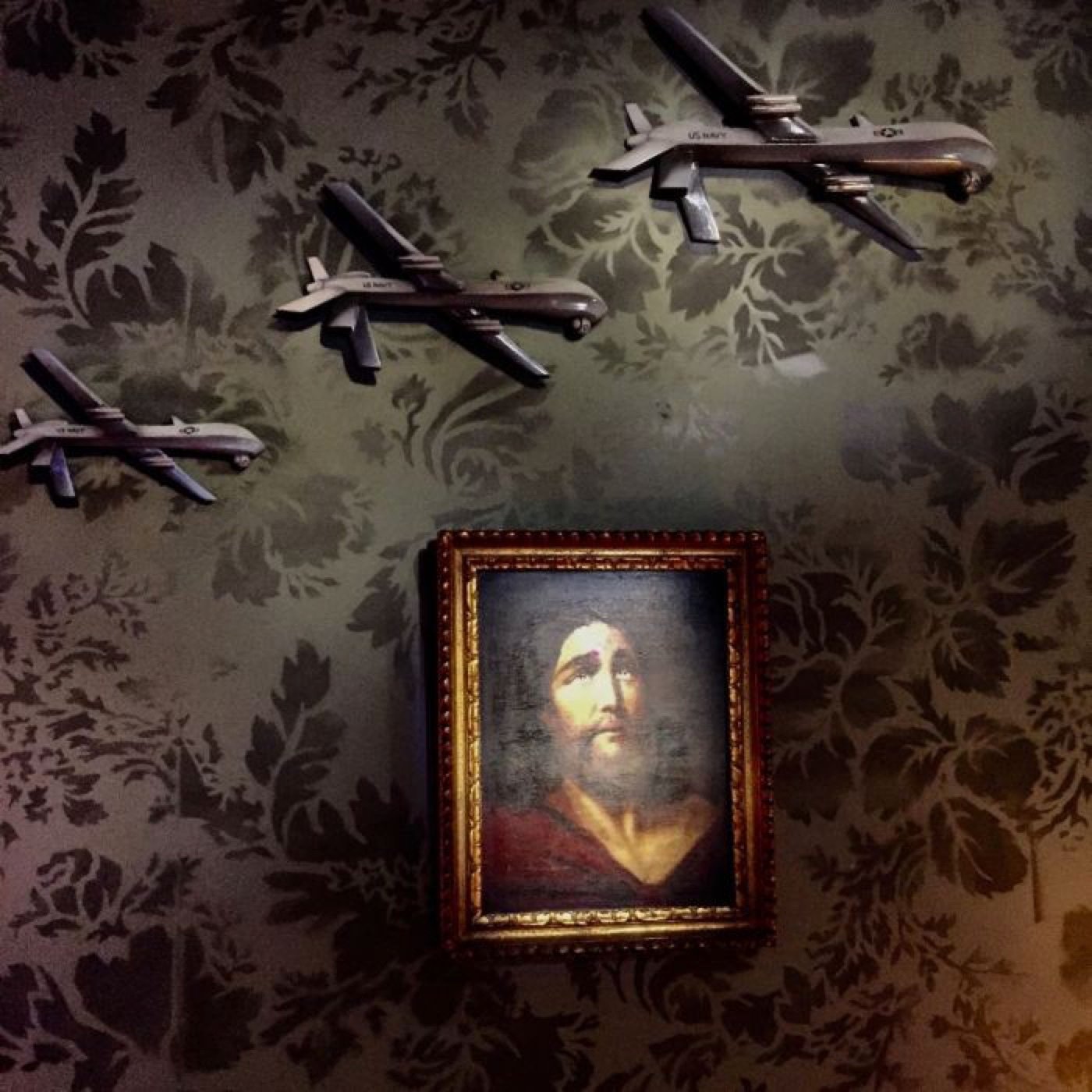 The drone version, shown at the Walled Off Hotel, Bethlehem.
