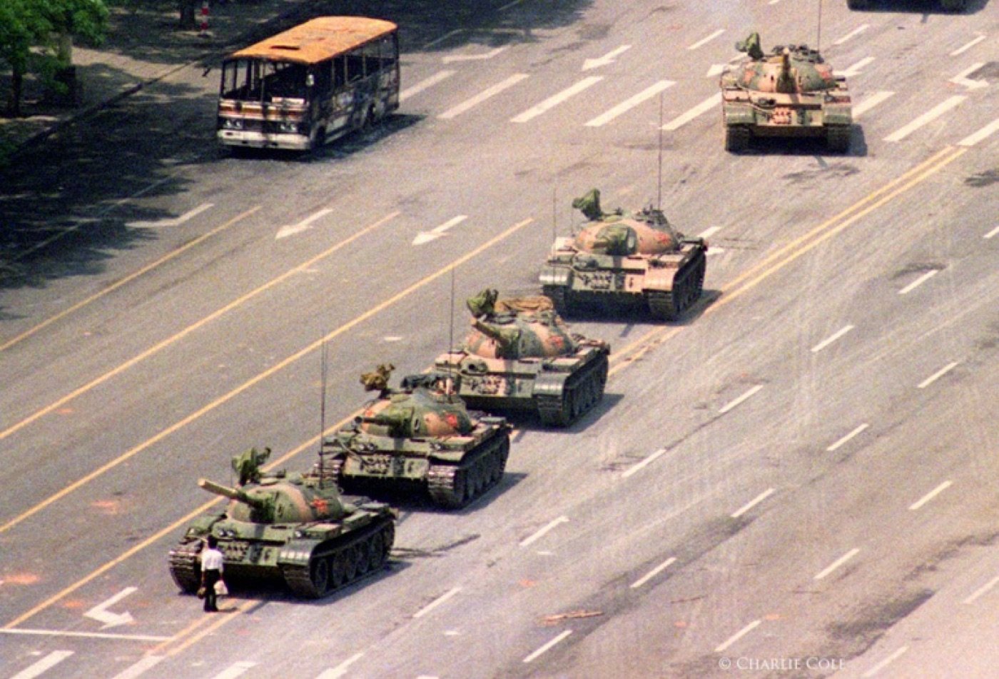 Jeff Widener, Tiananmen Square, 1989 — the photograph Banksy reworks.