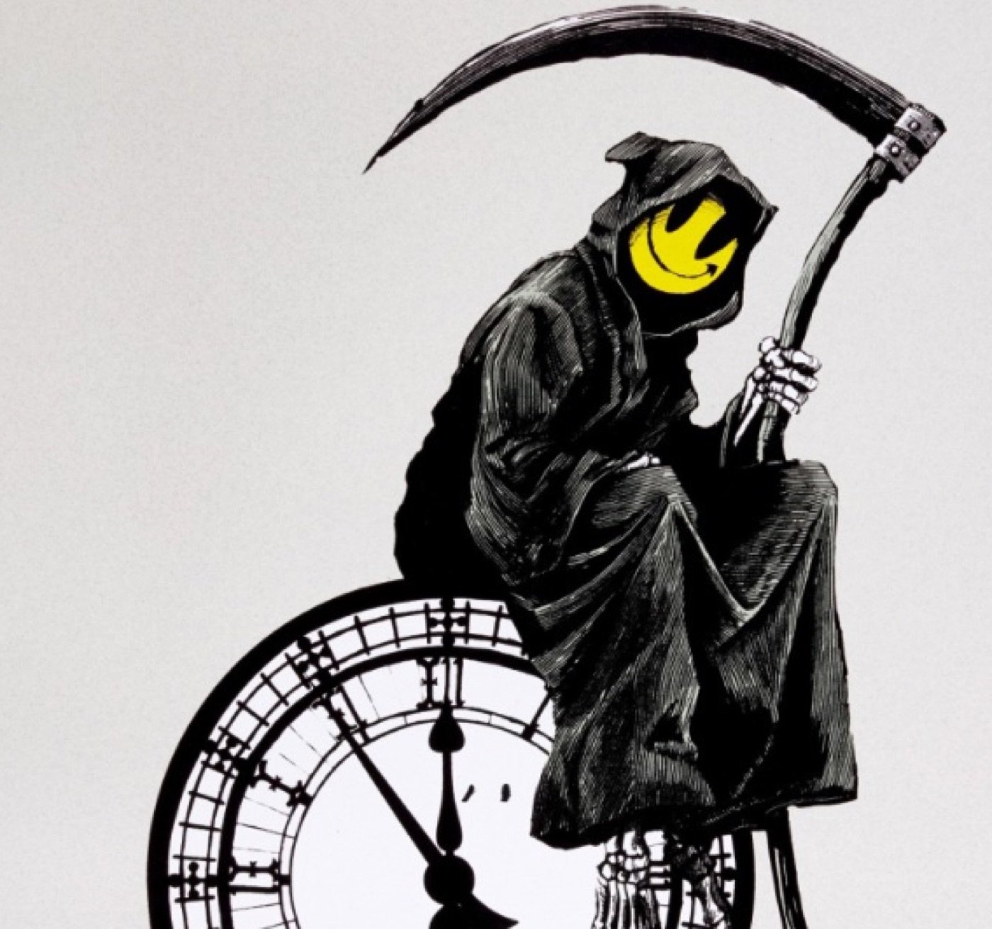 The smiley set against the clock face — the whole work turns on this substitution.