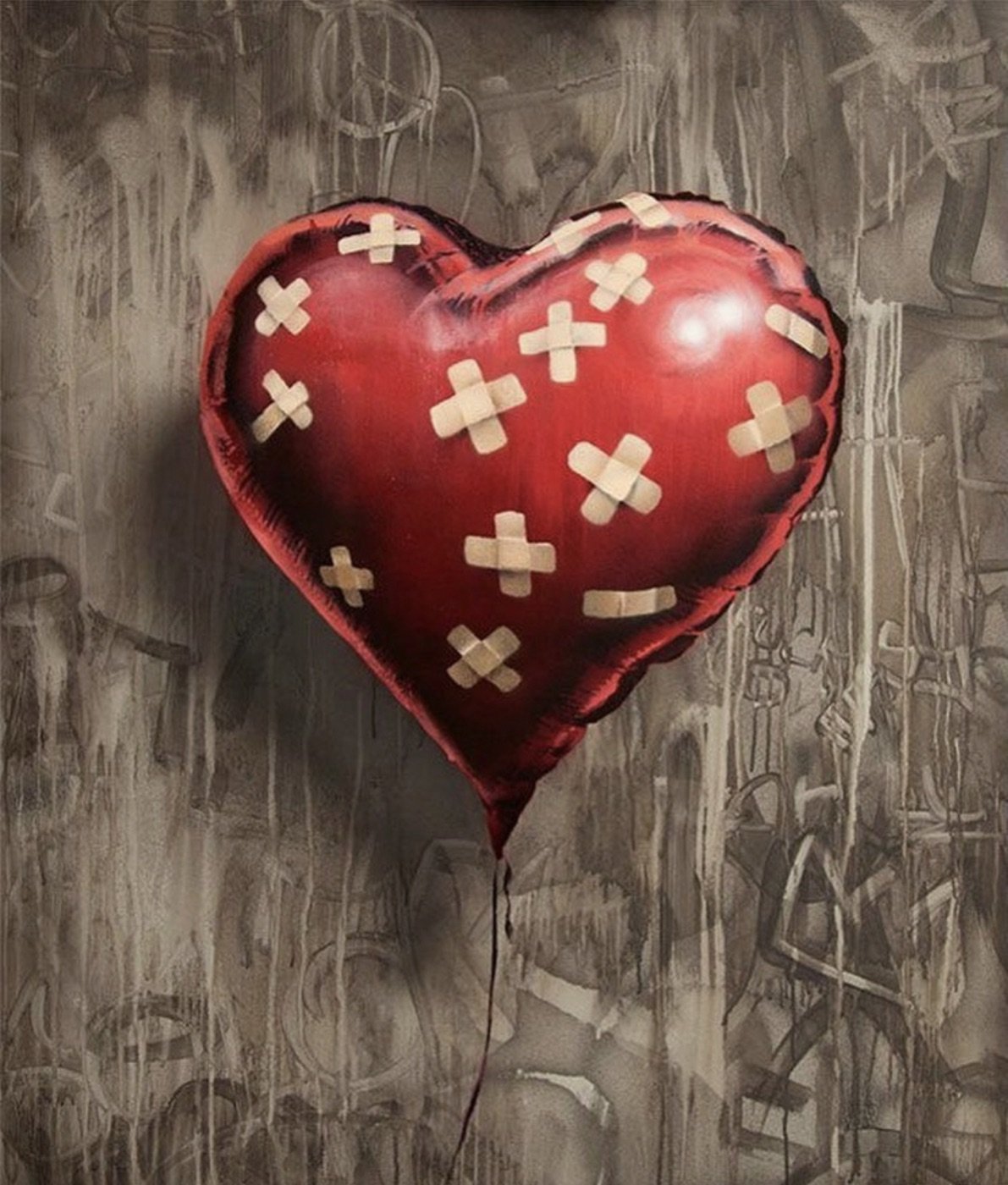 A painted version of the motif, the balloon covered in plasters against a graffitied ground.