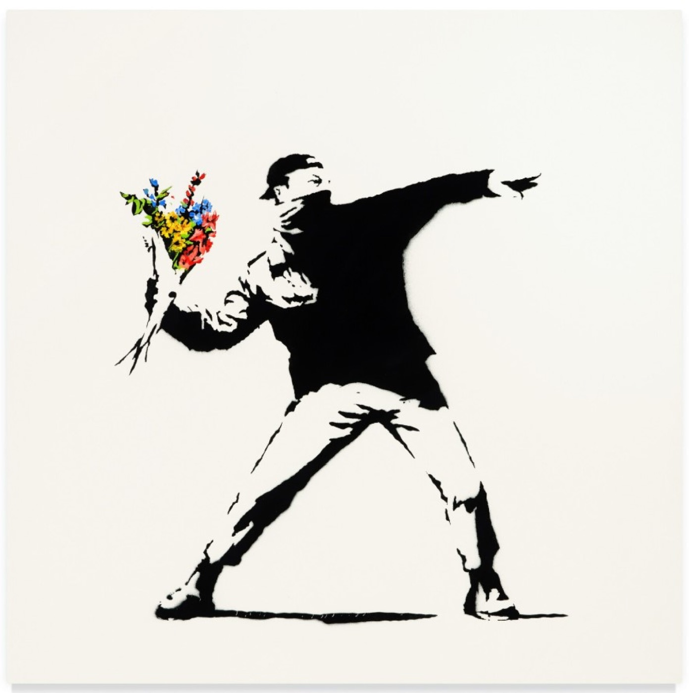 Banksy, Love is in the Air, 2005. Oil and spray paint on canvas, 90×90 cm.