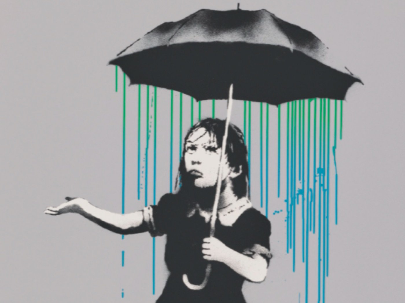 Detail of a Multicolor Rain artist's proof: the rain falls from inside the umbrella.