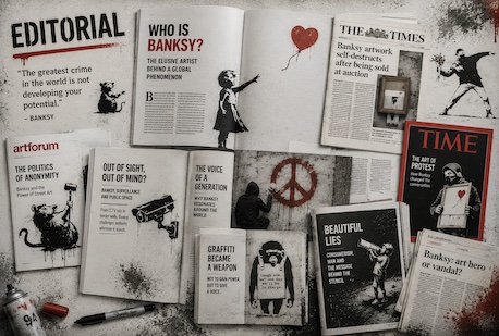 A collage of press cuttings and stencils about Banksy, titled Editorial