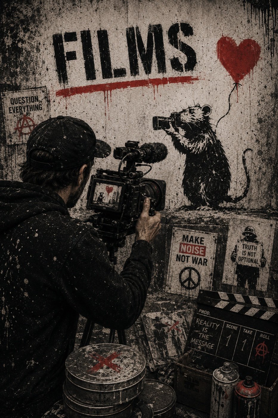 A filmmaker shooting a Banksy rat stencil on a wall marked FILMS