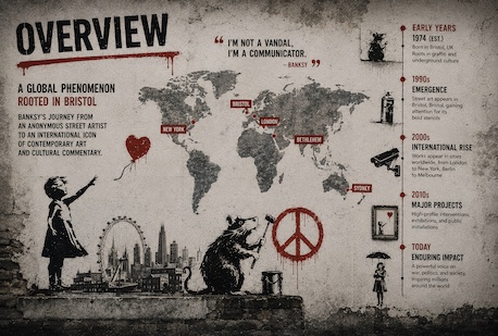 An illustrated world map of Banksy's career, titled Overview