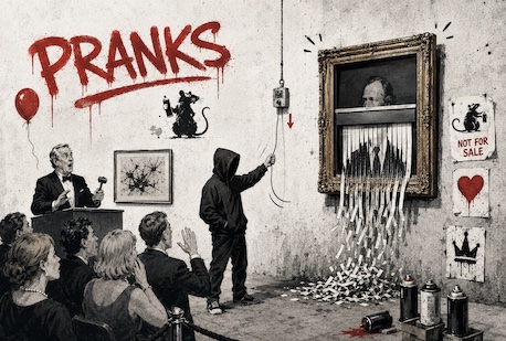 A hooded figure shredding a framed painting on a wall marked PRANKS