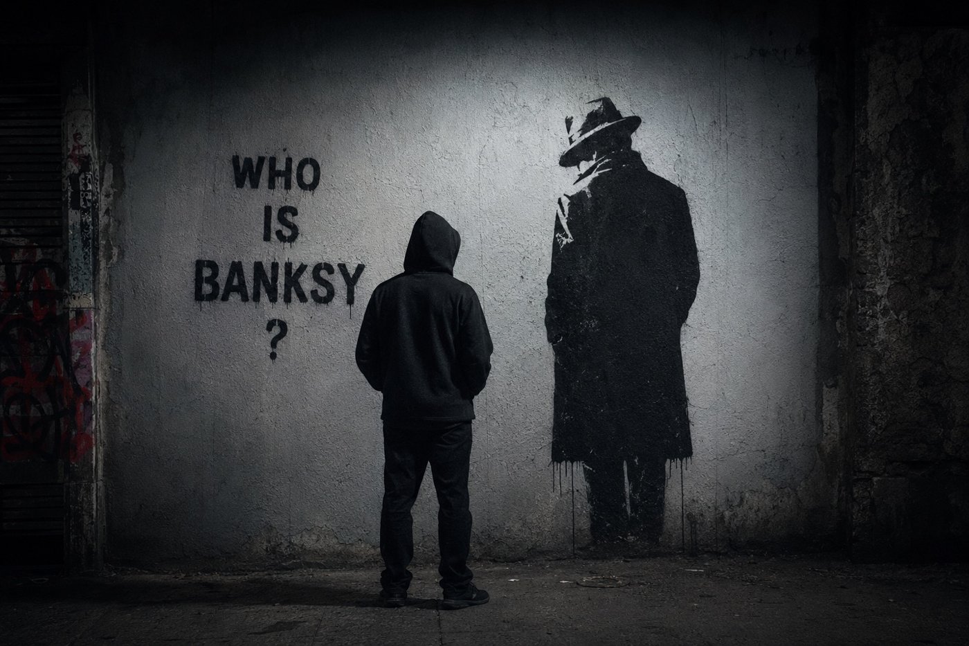 A hooded figure facing a Banksy stencil of a man in a hat and coat, beside the words WHO IS BANKSY?